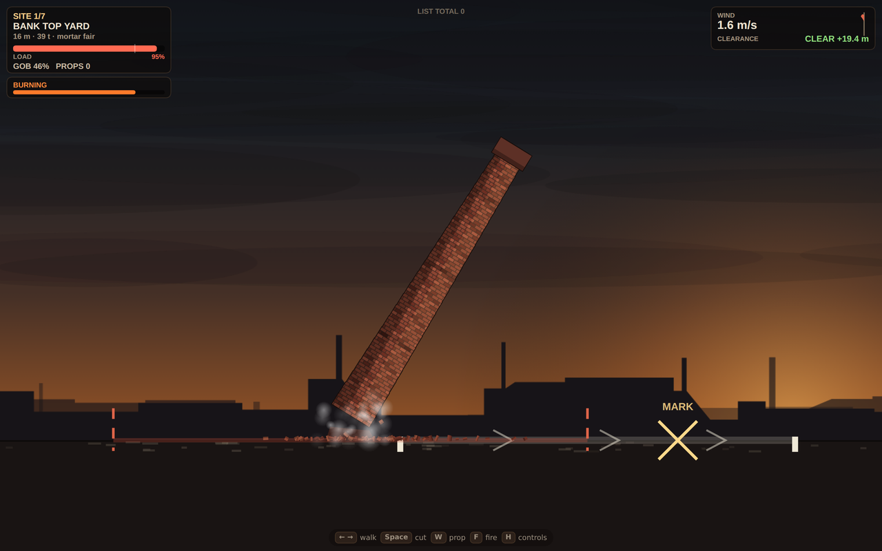 PITPROP — the chimney mid-fall at 45 degrees, hinging over the cut